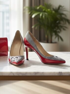 LK Bennett Black and White Floral Heels with Red Accents. Sz37